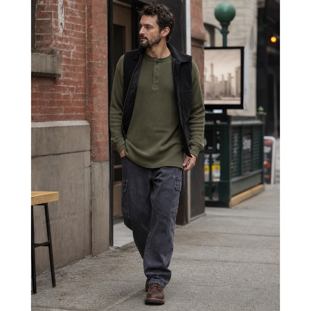 Lands End Mens L Tall Olive Thermal Henley Cotton Waffle Knit Heritage Outdoors